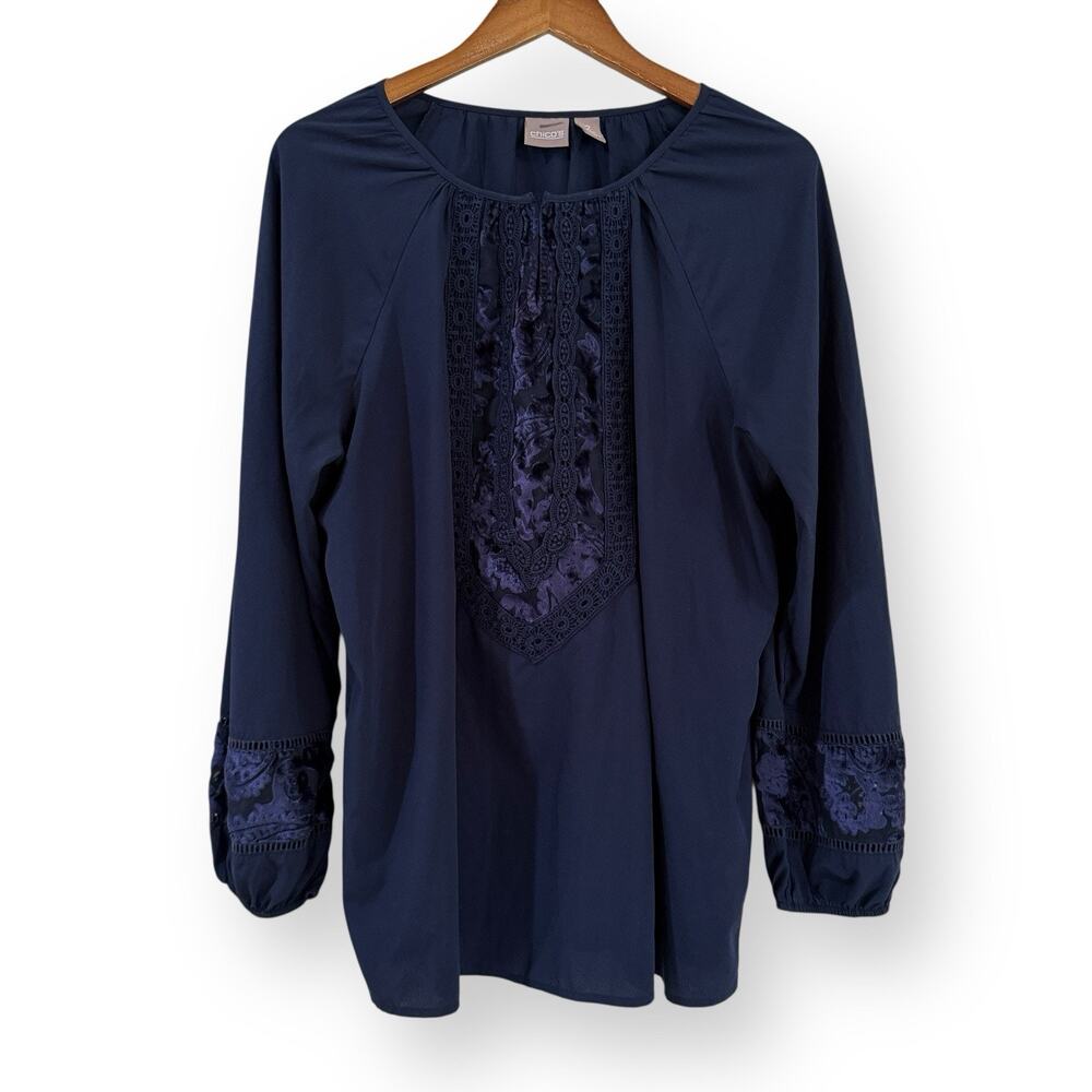 Chico's Peasant Top Womens Size 2 Large Navy Blue Velvet Eyelet Lace Detail Boho